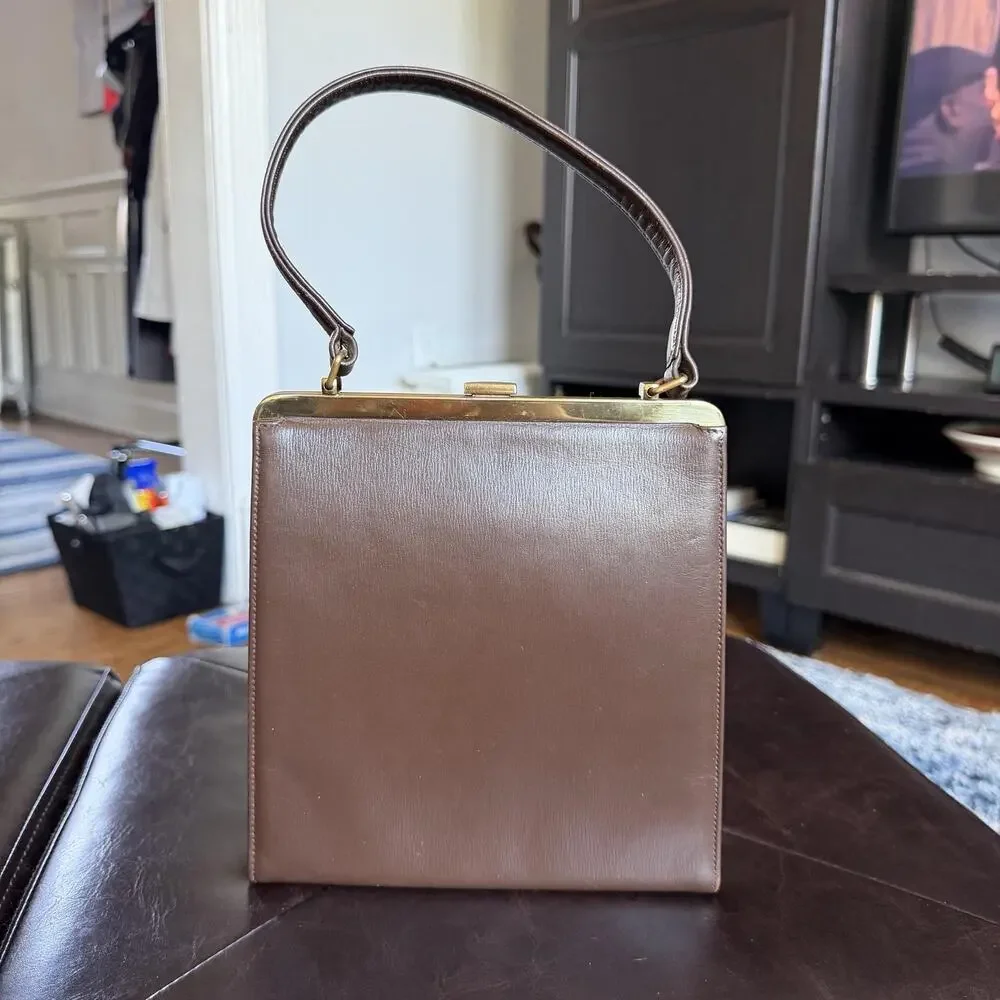 Vintage Block Top Handle Bag Womens Small Brown Leather Gold Frame Evening Purse